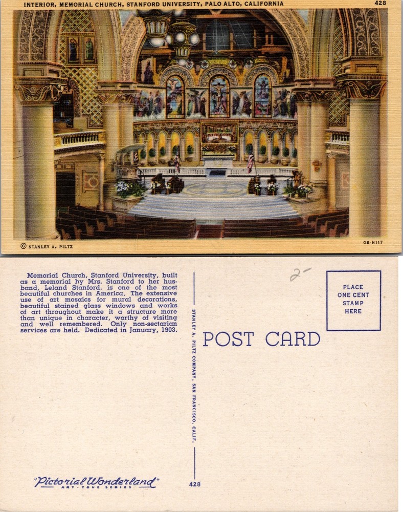 Interior Memorial Church Stanford University Palo Alto California Postcard