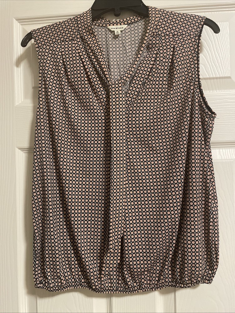 Max Studio Blush Gray Black White Tie Neck Sleeveless Blouse Top  Sz M