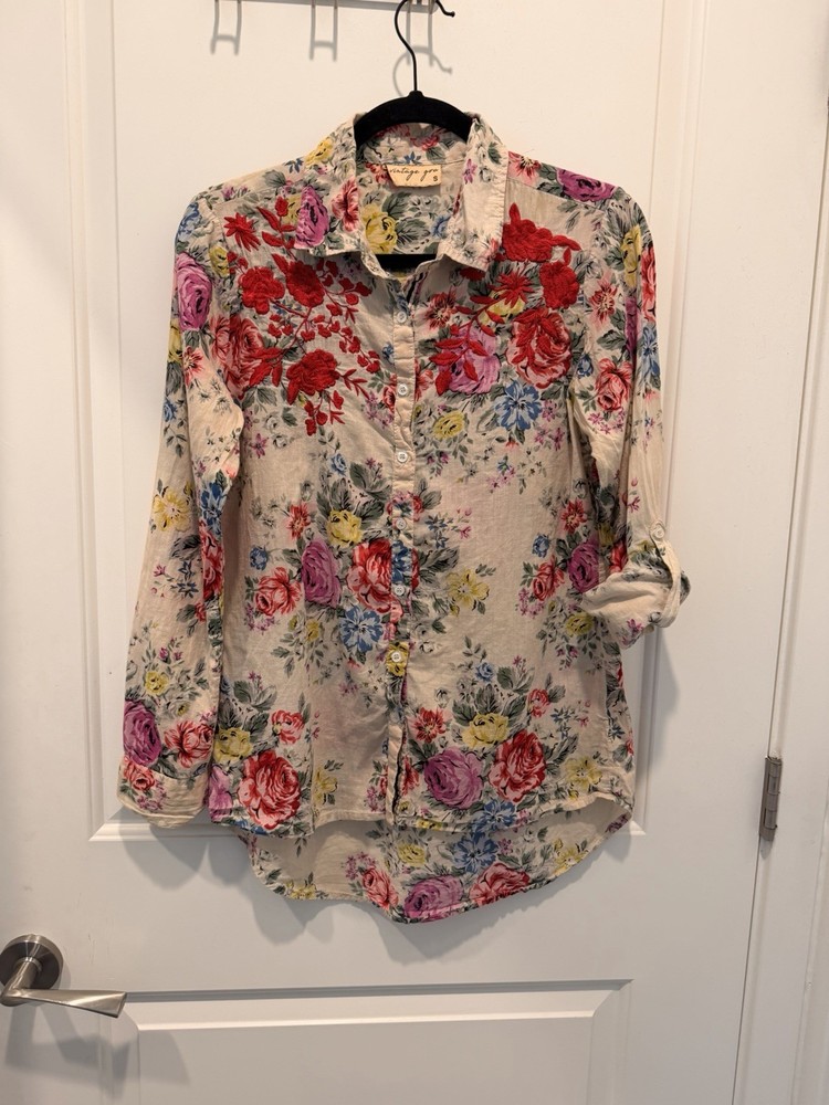 Vintage Goa Floral Embroidered Button Down Shirt Size S