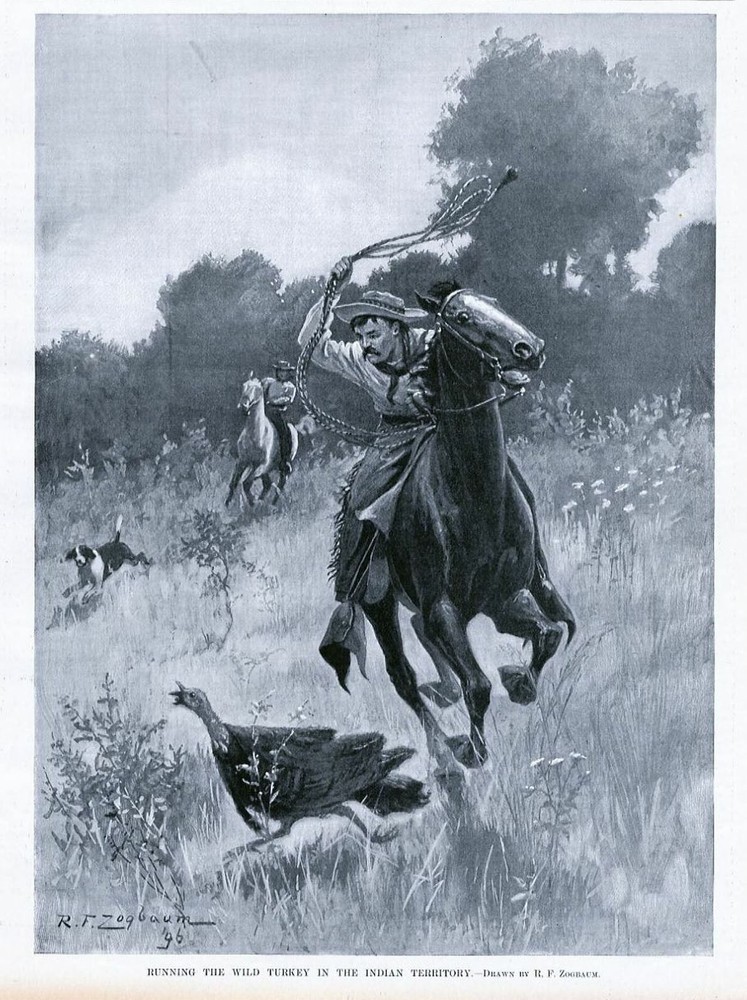 RUNNING THE WILD TURKEY IN THE INDIAN TERRITORY HORSES LASOO DOG TURKEY HUNT
