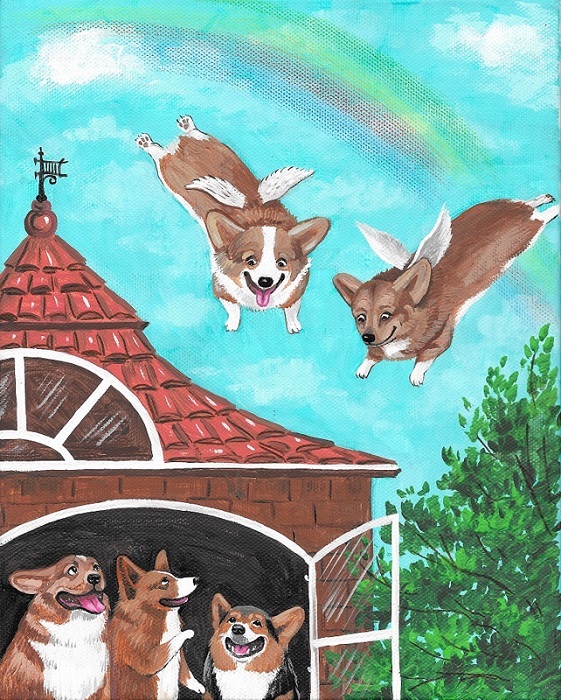 8x10 PRINT OF Original PAINTING RYTA PEMBROKE WELSH CORGI RAINBOW art dog House