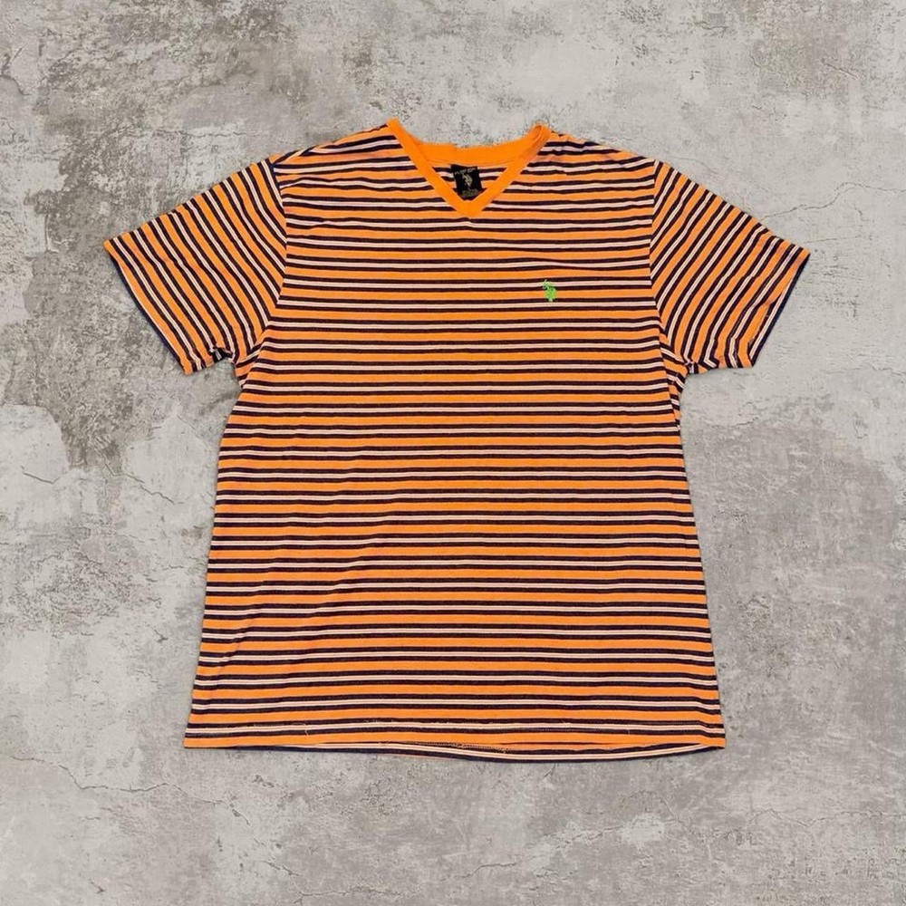 U.S. Polo Assn. Orange Navy Striped V-Neck T-Shirt Green Logo Men's Size L