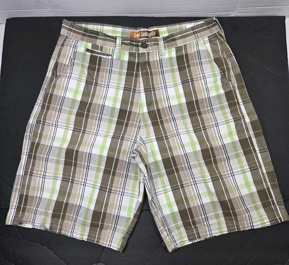 Lee Dungarees Shorts Men's Size 32 Green Brown Plaid Chino Shorts Twill Cotton