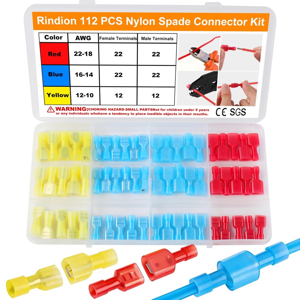 Rindion 112PCS Nylon Spade Connector Kit, 22-10AWG Quick Disconnect Wire Conn...
