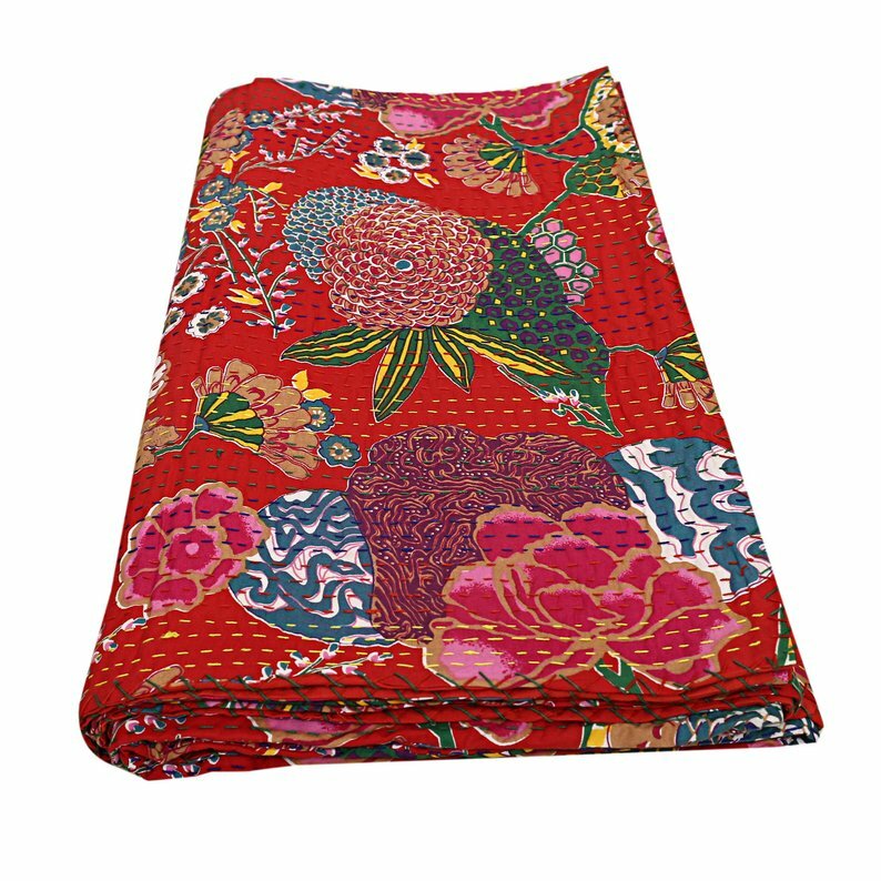 Red Tropicana Hand Quilted Cotton Blanket Hippie Floral Print Bedding Bedspread