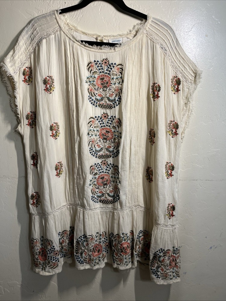 Sundance Womens Boho Embroidered Tunic Top Size L Ivory Lined Short Sleeve EUC