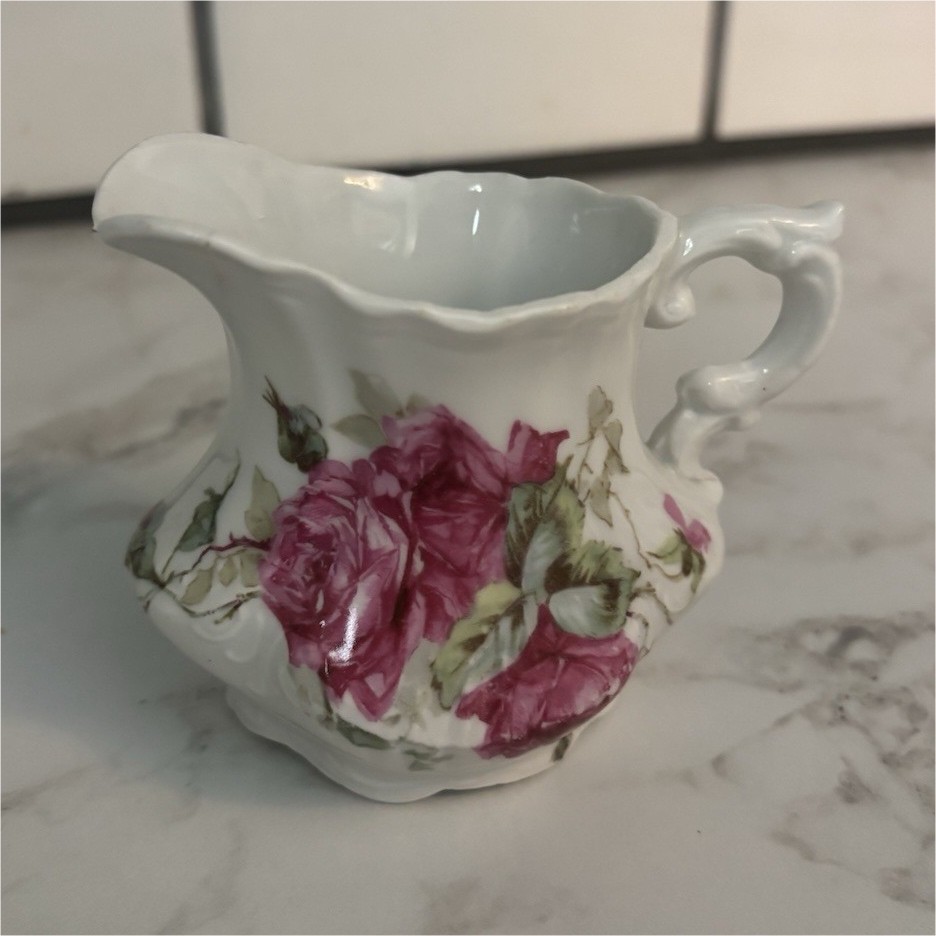 Ceramic Floral Pink Rose Mini Creamer Pitcher Glossy 4 fl oz