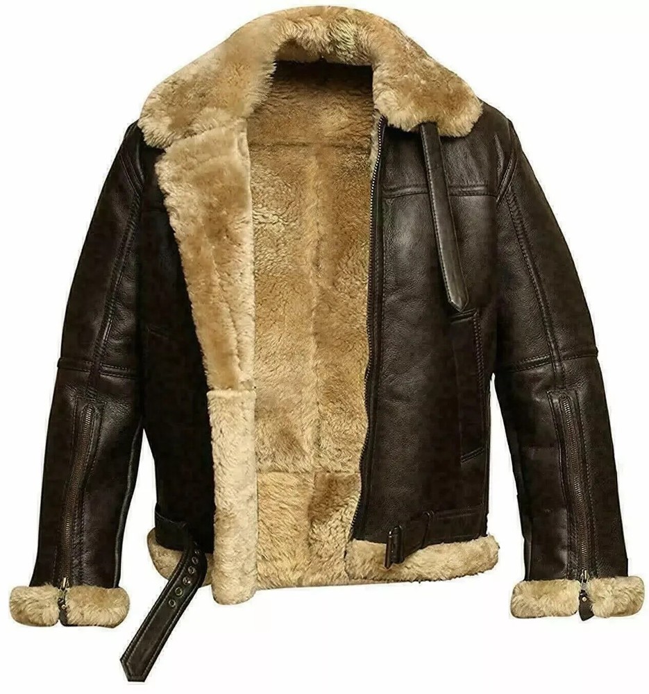 Men's Fashion Sheepskin Leather Bomber Jacket Warm Flying Coat
