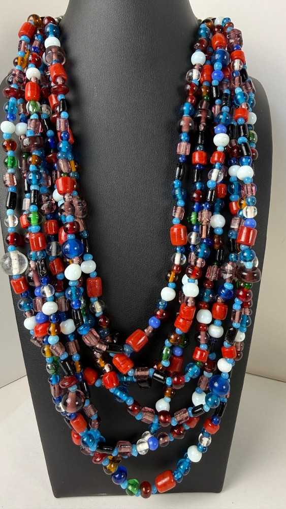 Vintage Multi Strand Glass Bead Necklace Colorful Boho Statement 20