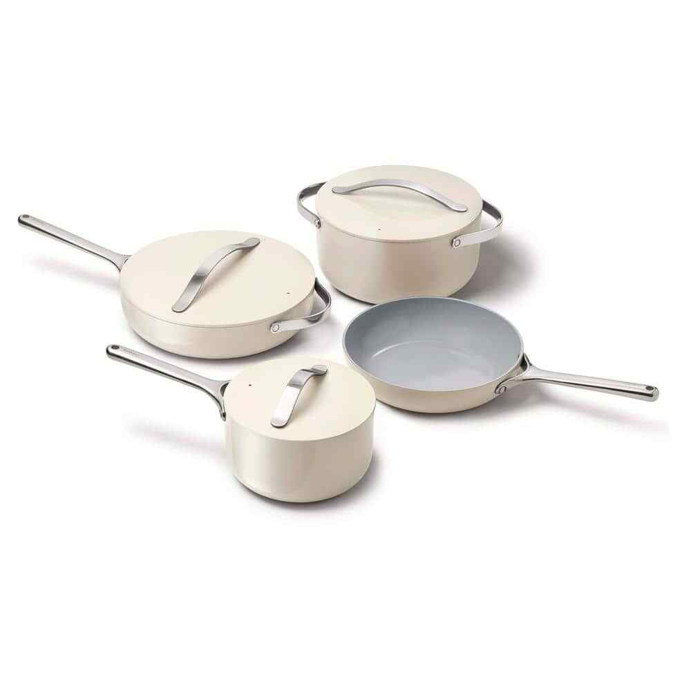 9 Piece Ceramic Cookware Set Stainless Steel Handles Nonstick Pans w/ Lid Cream