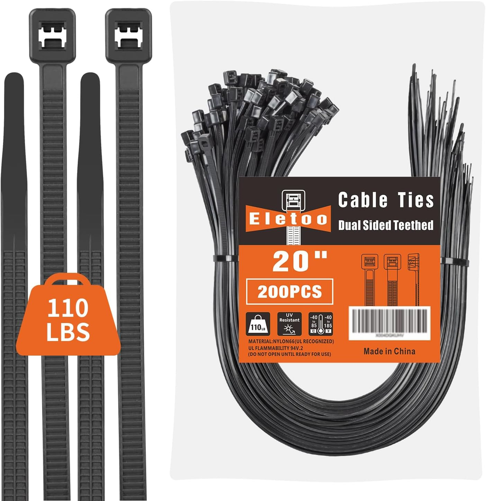 20 Inch Heavy Duty Black Zip Ties 200 Pack 2025 New Patented 100Lbs Strength