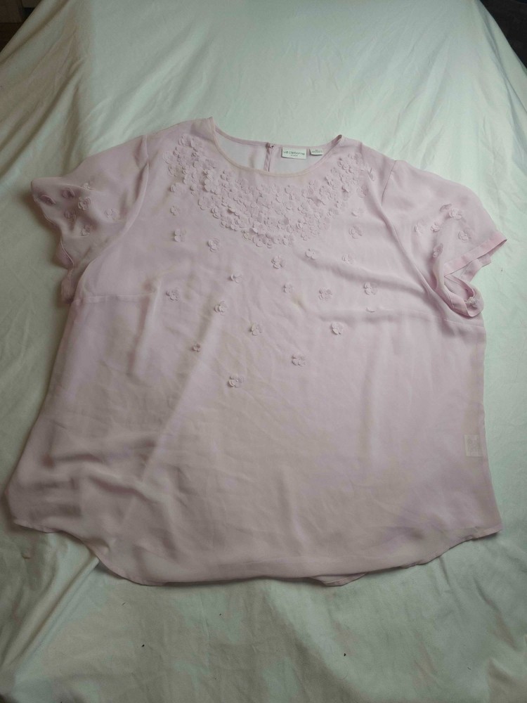 Liz Claiborne Blouse Top Womens Size 3X Pink Floral Applique Short Sleeve Office