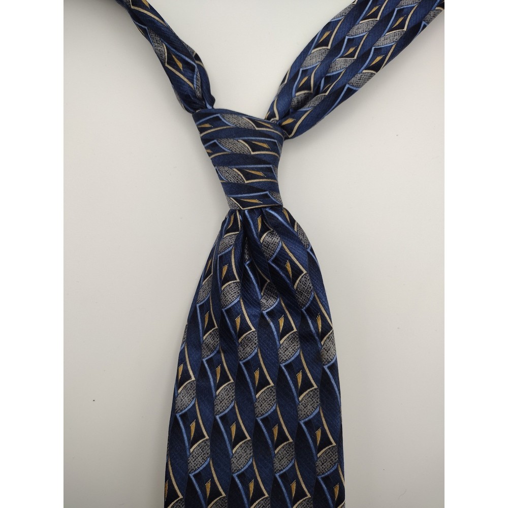 Covington Mens Silk Necktie Navy Blue Gold Silver Geometric Pattern Hand Made