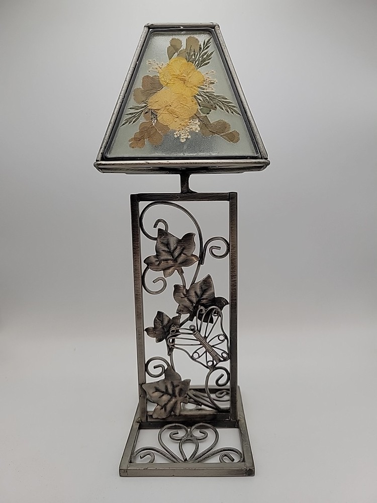 Tea Light Candle Lamp Metal Base W/ Dragonfly Frosted Glass Pressed Flower Shade