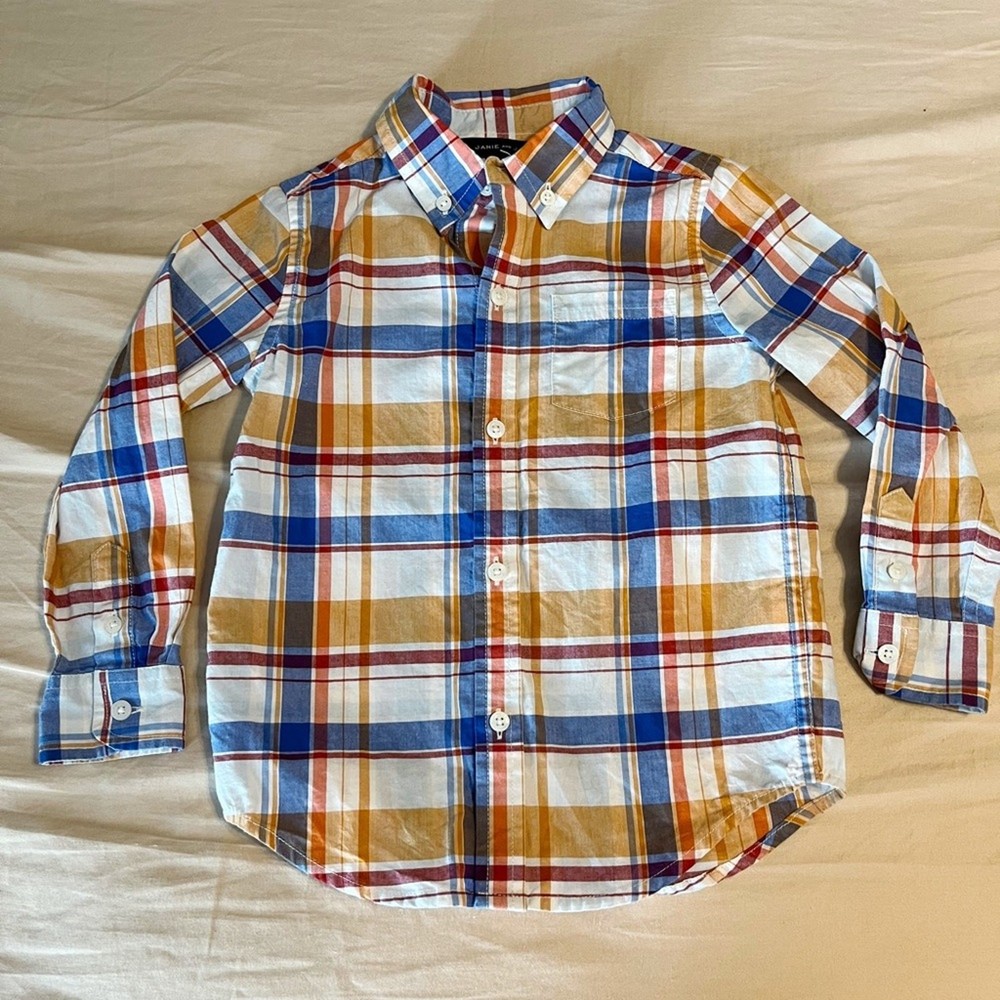 Janie and Jack Boys Orange, Blue, and White Long Sleeve Button Down Size 3T