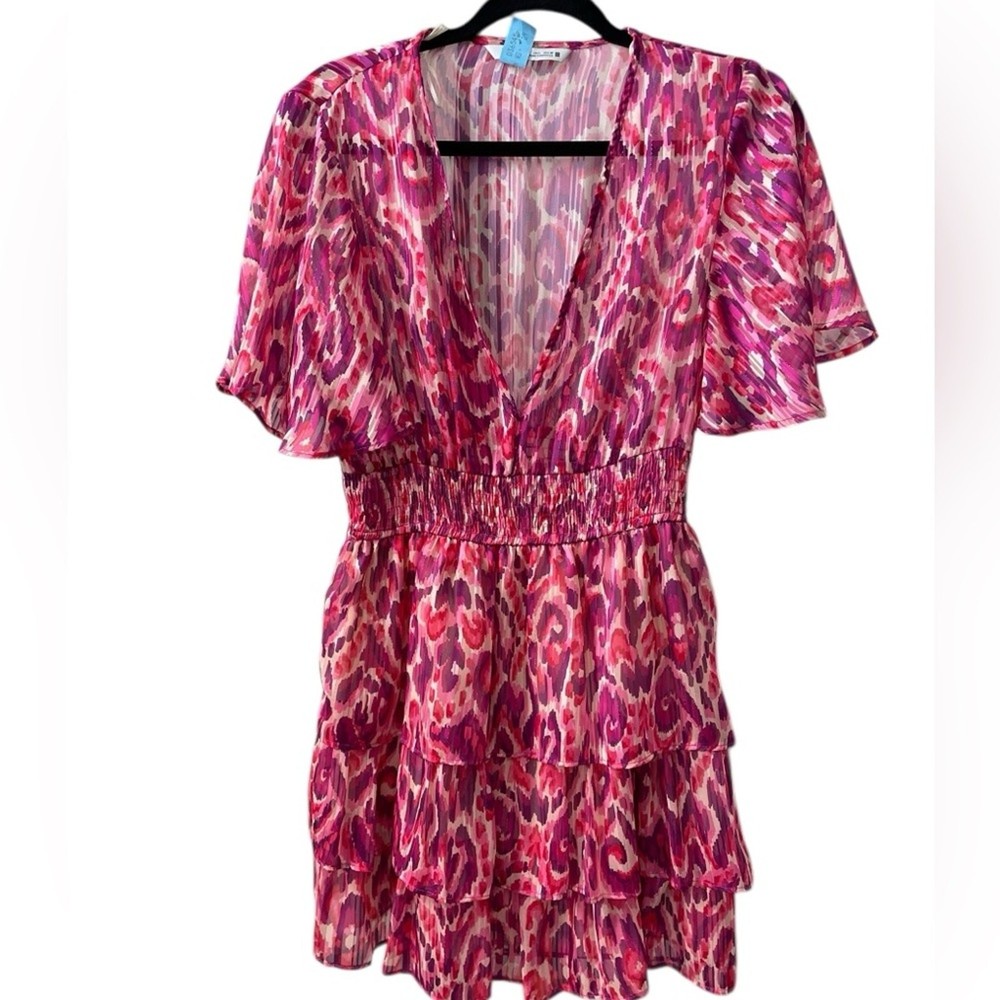 ZARA Pink Purple Boho Tiered Mini Dress Smocked Waist Women’s L