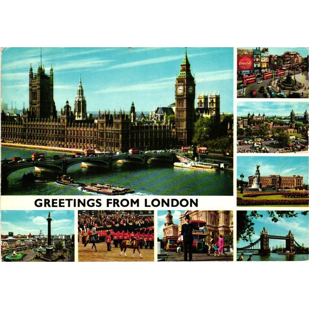 Vintage John Hinde Original London Multi-View Postcard Big Ben Tower Bridge 2L51
