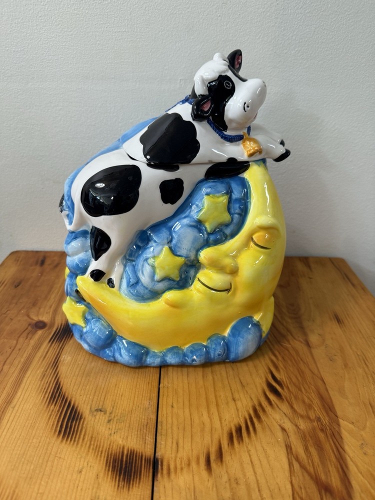Cow Moon Stars Cookie Jar Ceramic Farmhouse Kitchen Canister Blue Yellow Decor