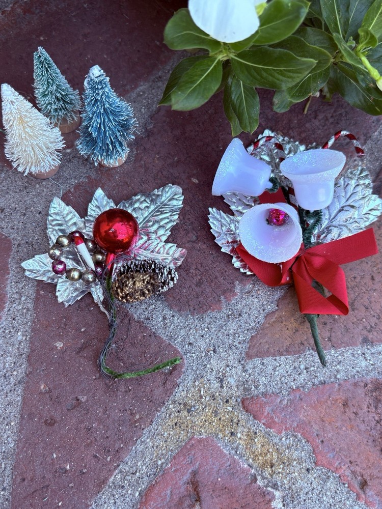 2 Vintage Christmas Corsages Bells Mercury Glass Foil Pinecones Japan