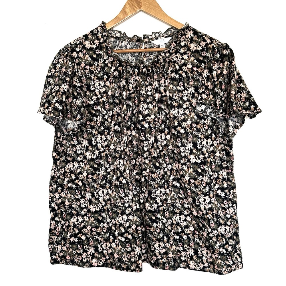 Time And Tru Shirt Women’s XXL Black Floral Cotton Short Sleeve Blouse Top