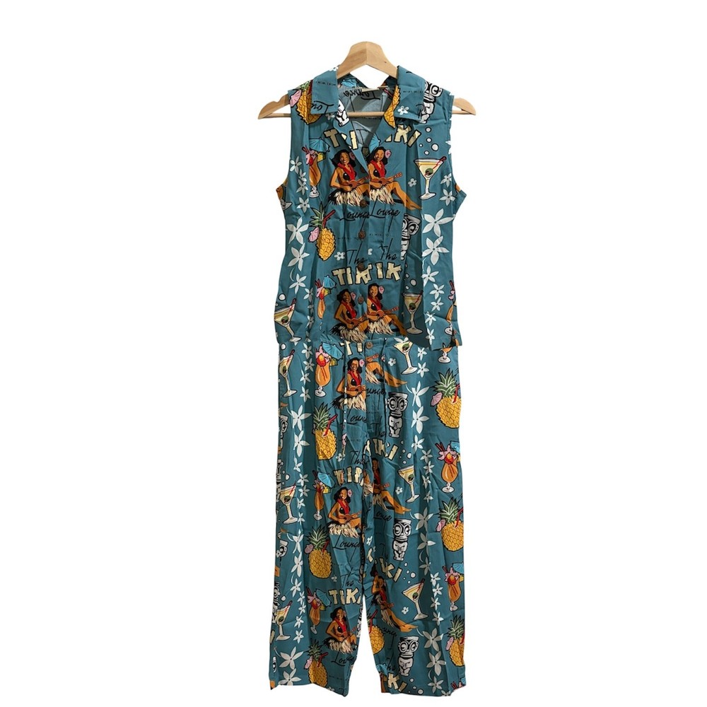 VTG Kahala Shirt & Crop Pant Set Size S/8 Blue The Tiki Lounge Hula Dancer Aloha