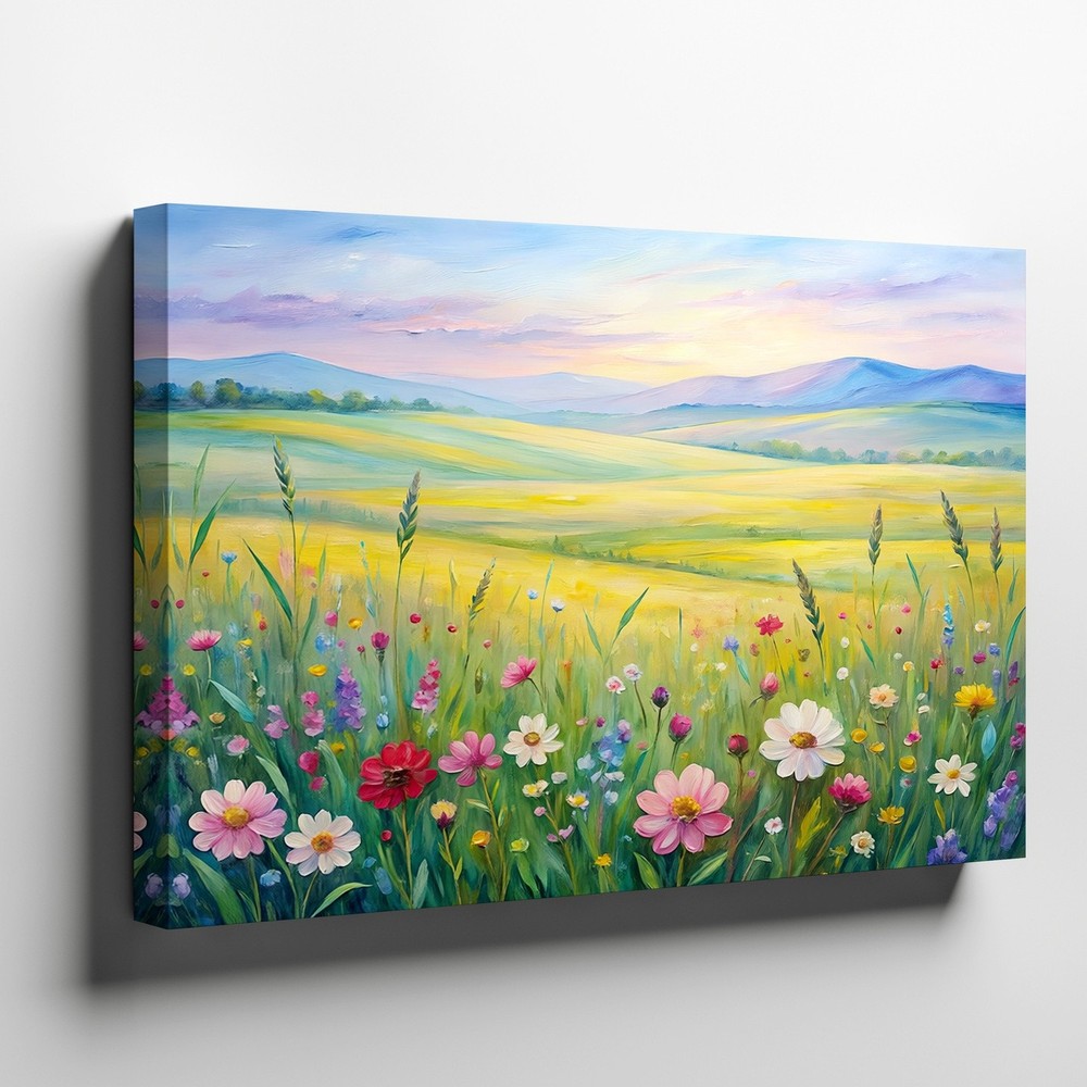Canvas wall art colorful wildflowers in meadow with rolling hills and sunset sky