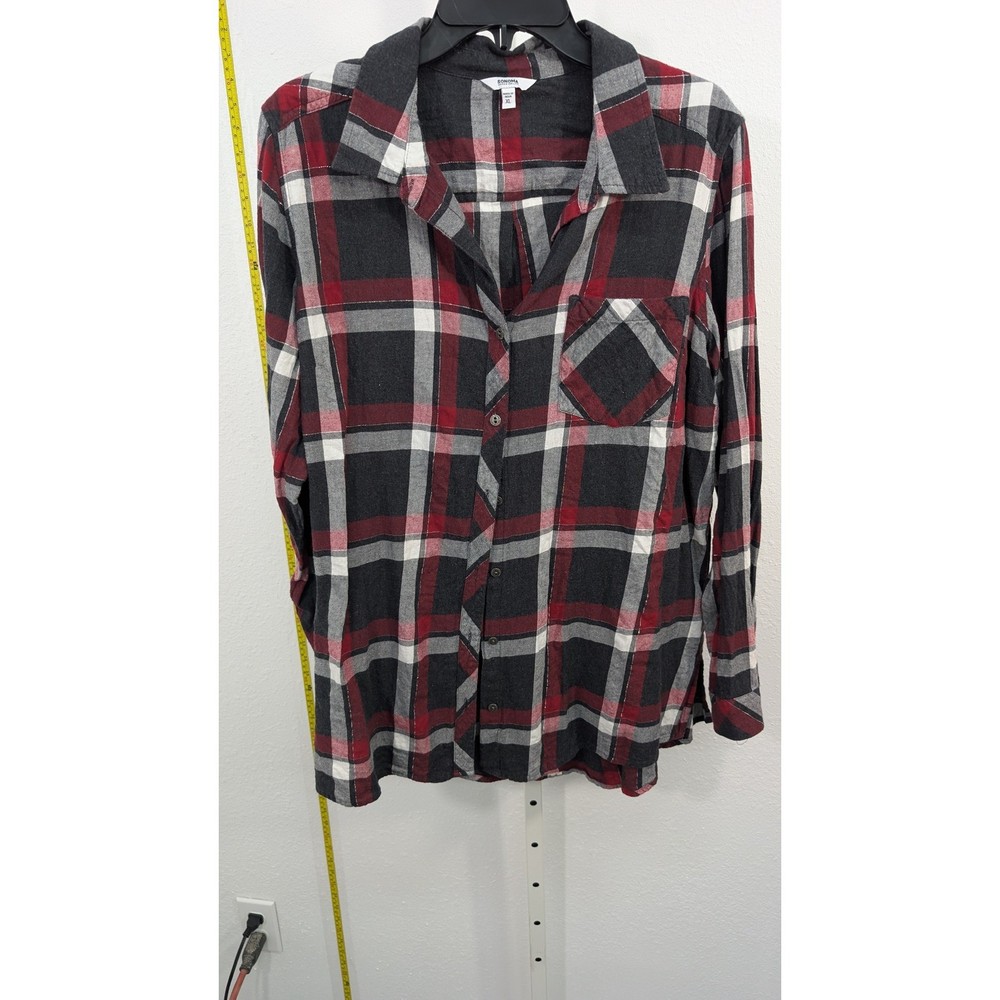 Sonoma Goods For Life Womens XL Plaid Flannel Shirt Red Grey Metallic Button Up