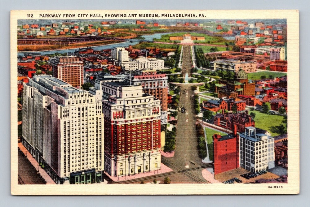 Postcard Parkway From City Hall Showing Art Museum Philadelphia Pa Linen