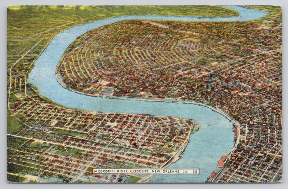 New Orleans LA Mississippi River Crescent Aerial View Linen Postcard E. C. Kropp