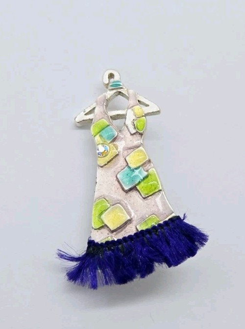 Dress Brooch Multicolored Enamel signed AJMC Silver tone Vintage