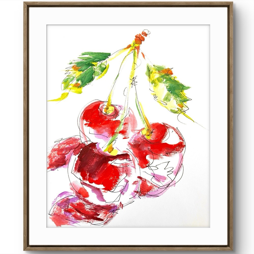 TITA PAINTZ Cherries Original Hand Painted Acrylic Paper Art 9x12 Home Decor