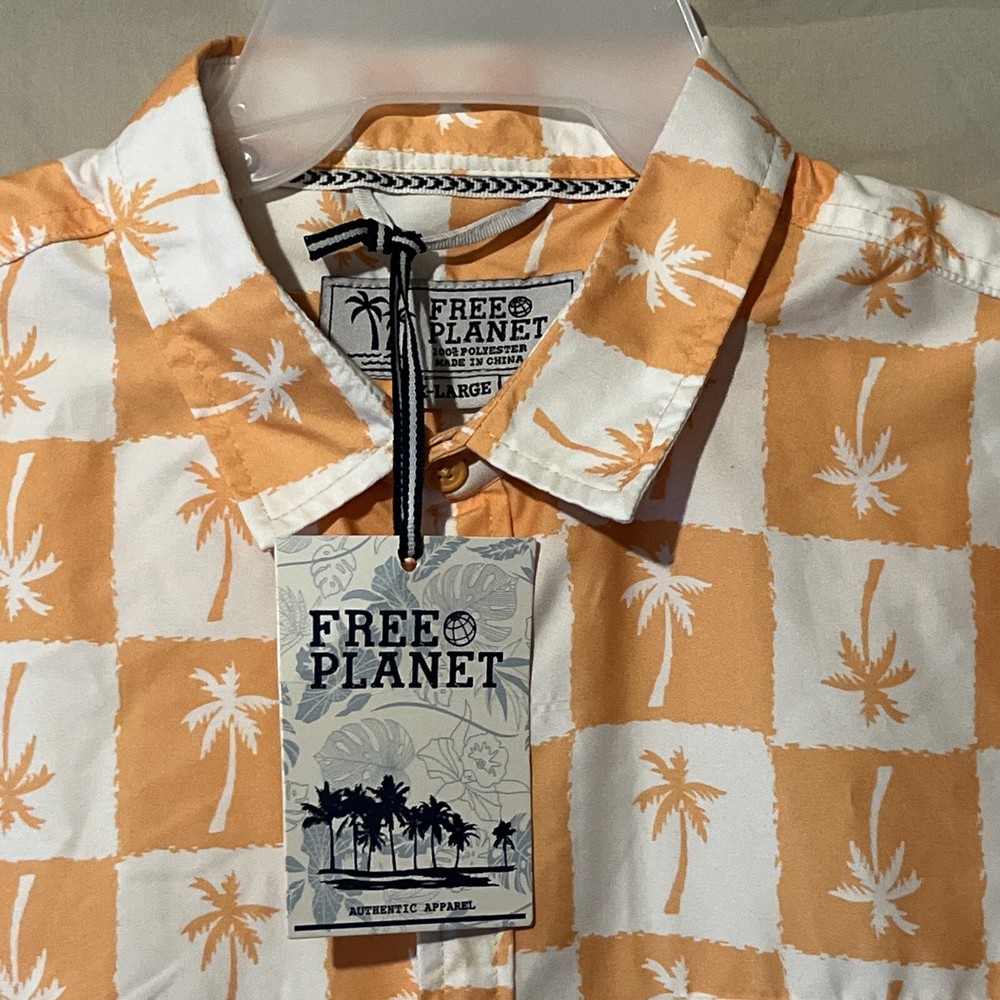 NWT Free Planet Shirt Mens XL Orange White Palm Trees Short Sleeve Button Up