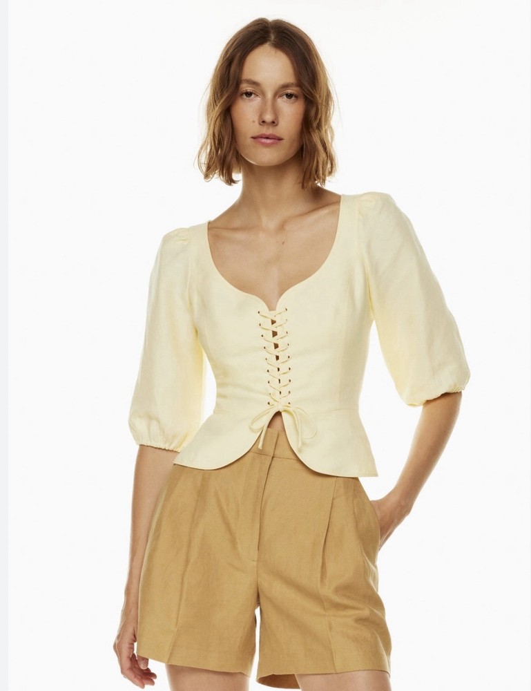 Wilfred Aritzia Santal Bustier Blouse Corset Tie Top Cream Linen Lyocell Blend L