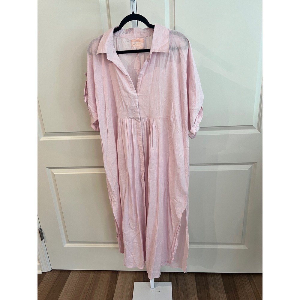 All Together Pink Cotton Gauze Maxi Shirt Dress Womens 2X Button Tab Sleeve Boho