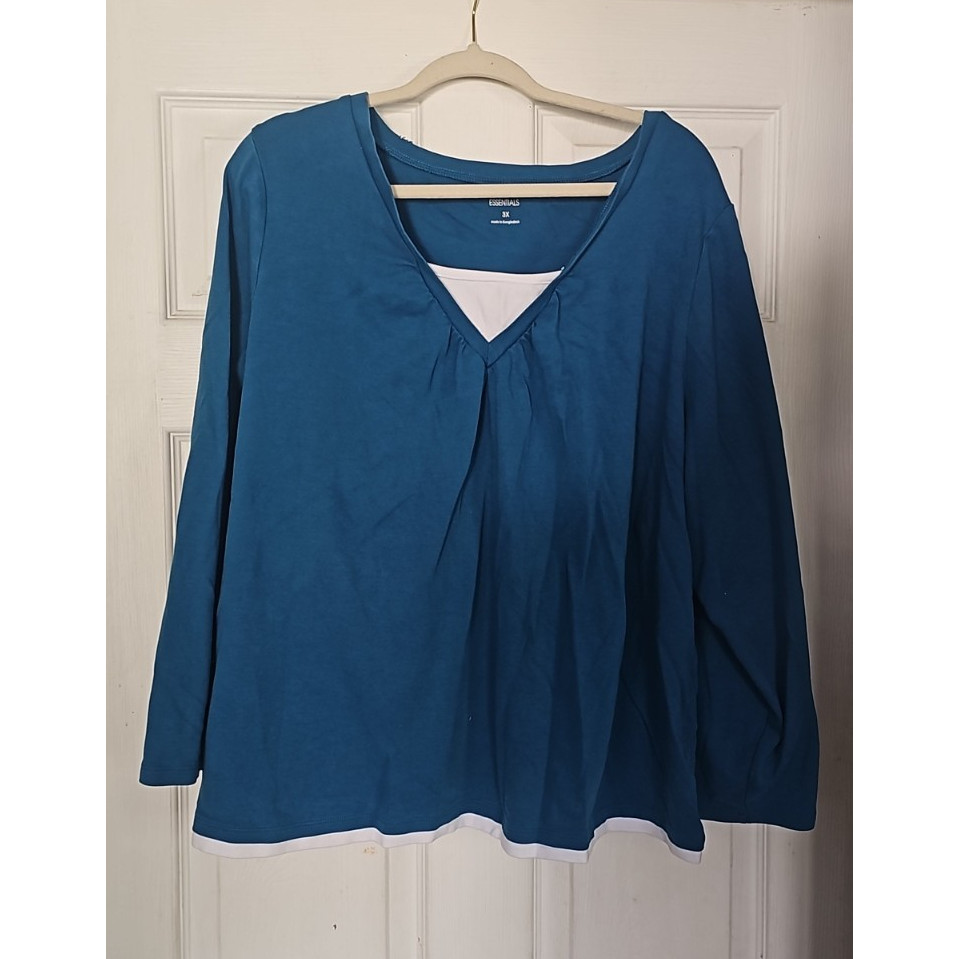 Essentials Blue Solid Jersey V-Neck 3/4 Sleeve Pullover Top Plus 3X Women