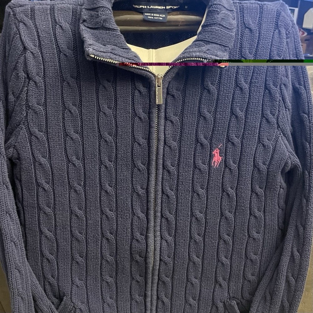 Ralph Lauren Sport Women’s Navy Cable Knit Zip Sweater Size M *small flaw*
