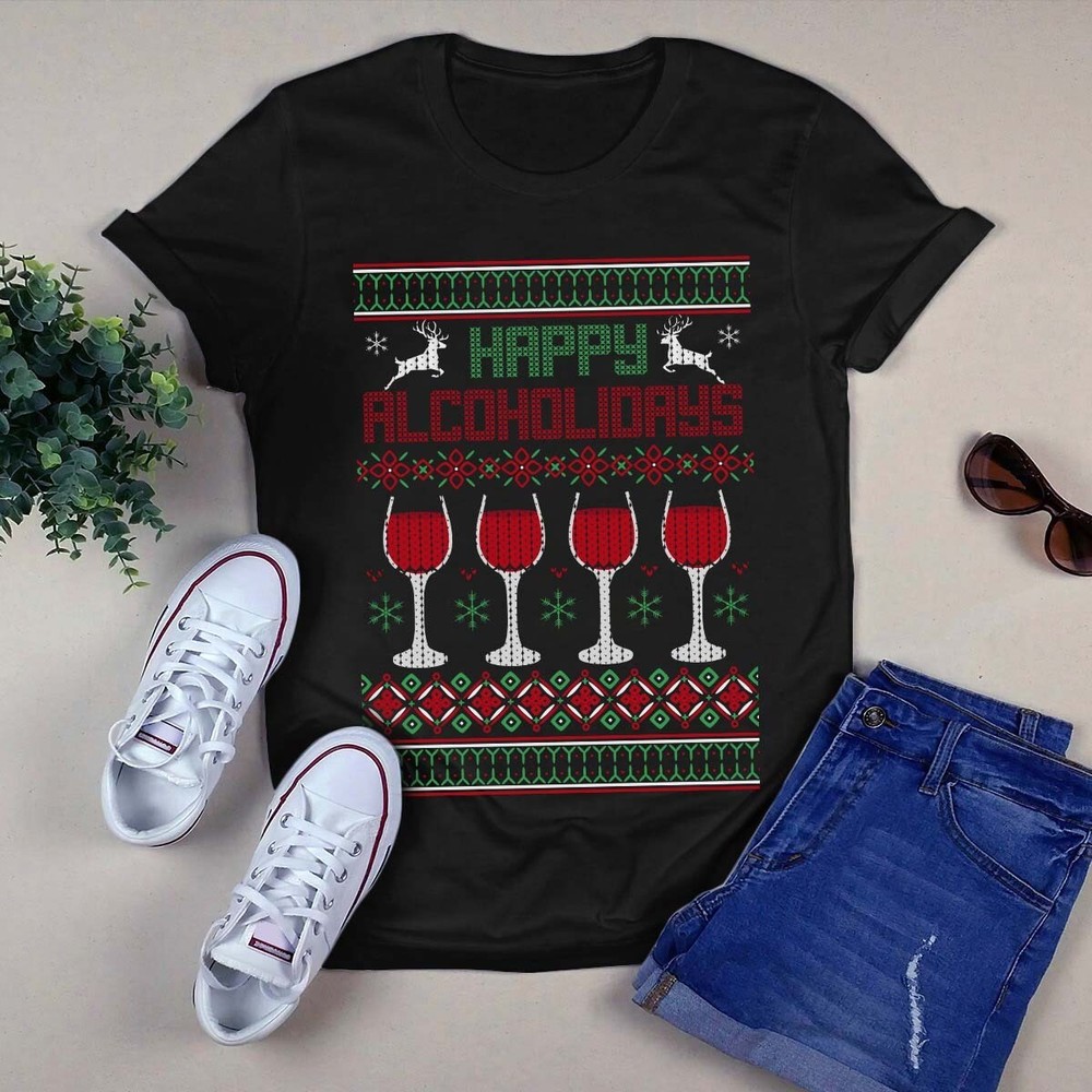 Happy Alcohol Holidays Christmas Xmas Wine Drink Gift Tshirt