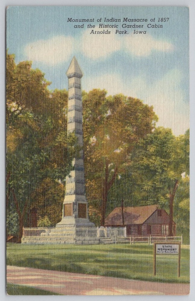 1941 Arnolds Park IA Spirit Lake Massacre Monument Gardner Cabin Postcard