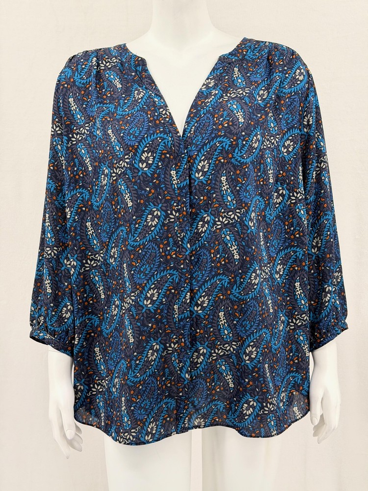 NYDJ Top Womens 1X Navy Paisley Sheer Button Up 3/4 Sleeve Boho V-Neck Office