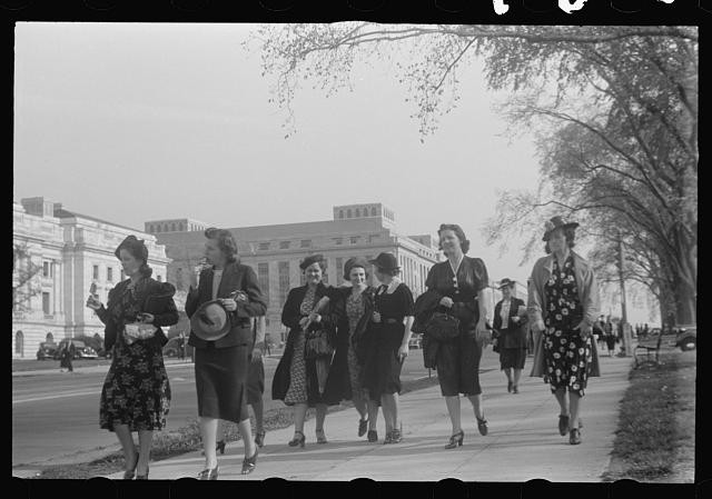 Photo:Women Walking Campus Sidewalk 1930s College Building Trees