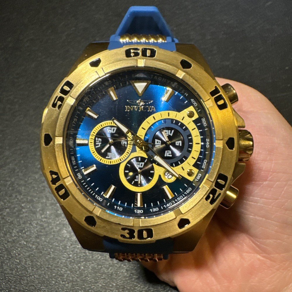 Invicta Pro Diver 52mm Blue Gold Dial Men's Watch 100M Water Resistant Needs Battery