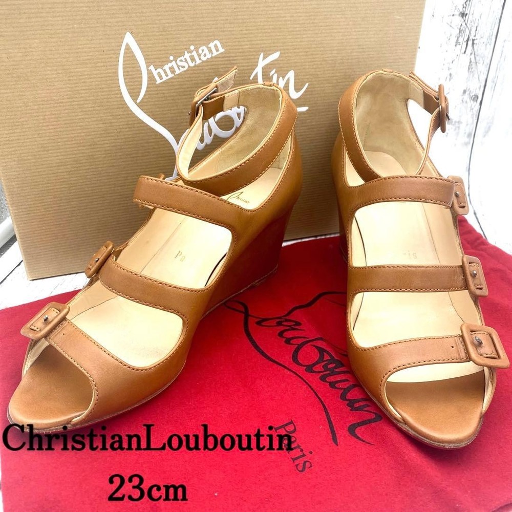 Christian Louboutin Wedge Sandals Size 36 (US 6) Light Brown Leather 4-Strap