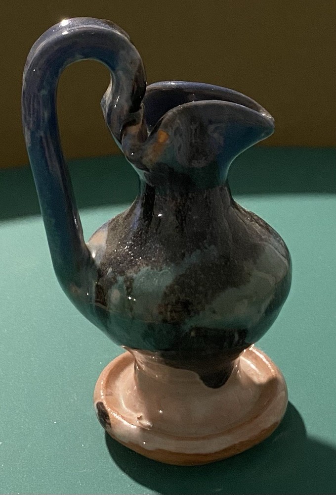 Handmade Blue Beige Ceramic Pottery Pitcher Glossy Round with Handle