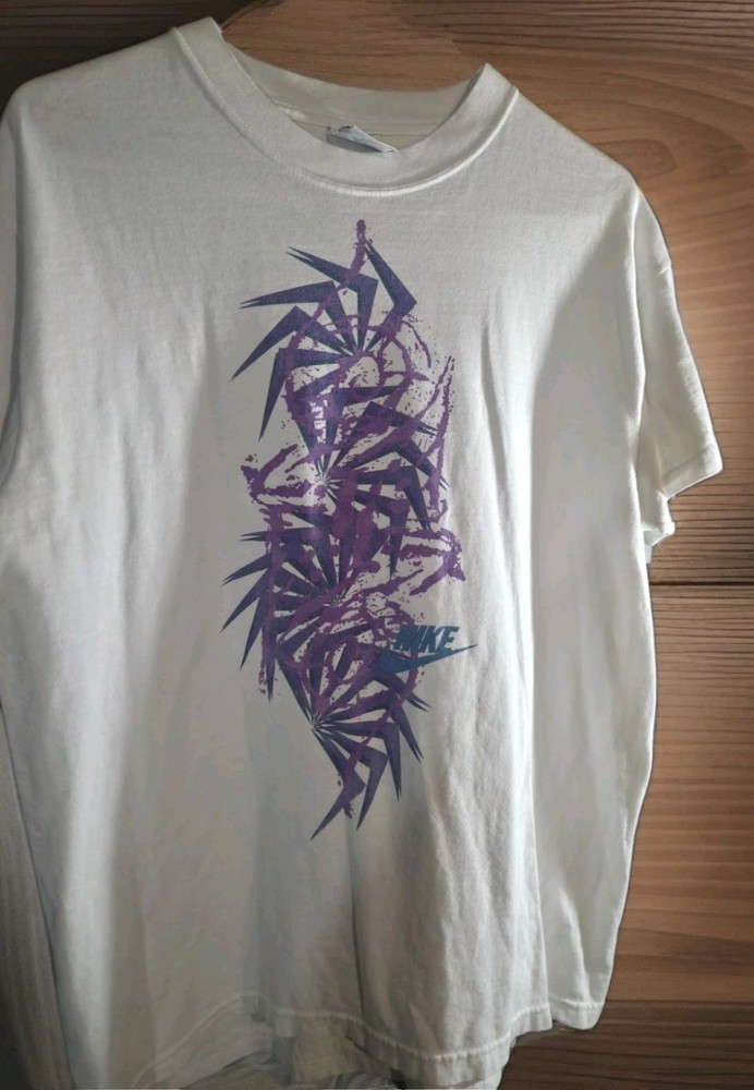 Vintage 90s Nike Pinwheel Graphic T Shirt White Purple Abstract Splatter...-image