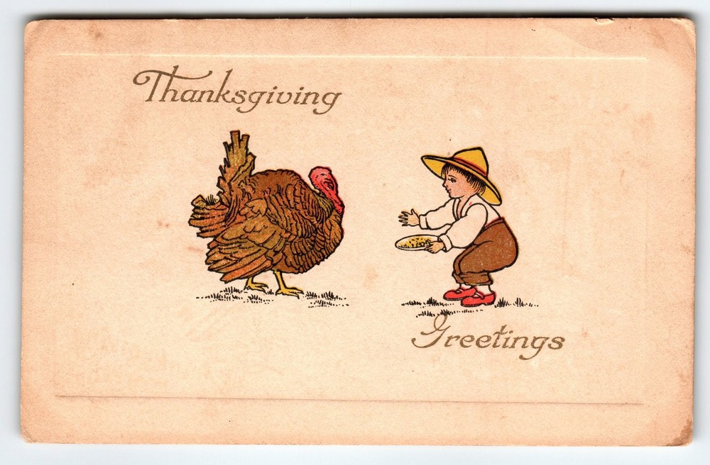 Vintage 1911 Thanksgiving Lithograph Postcard Boy Feeding Turkey
