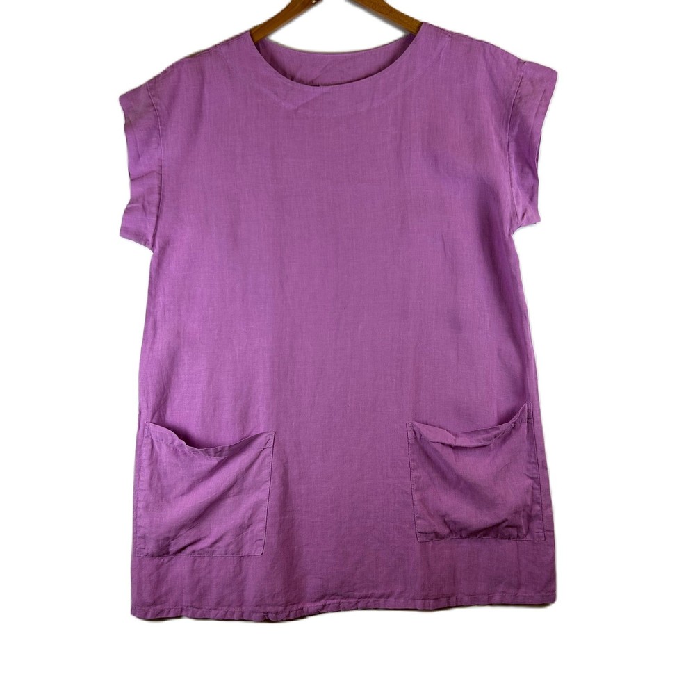 Bryn Walker Purple Linen Tunic Top Womens Large Lagenlook Short Sleeve Pockets