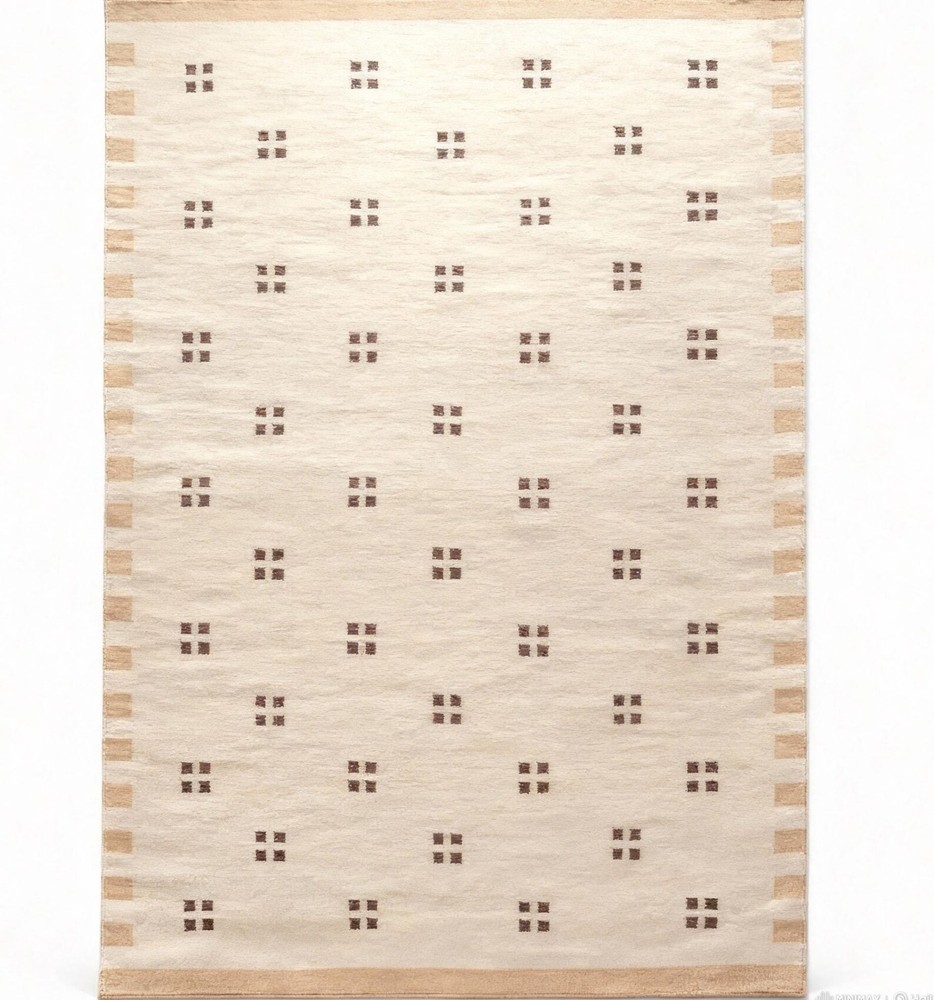 Handwoven Wool Kilim Rug Color Cream Grid, Beige Handmade Design Carpet Rug