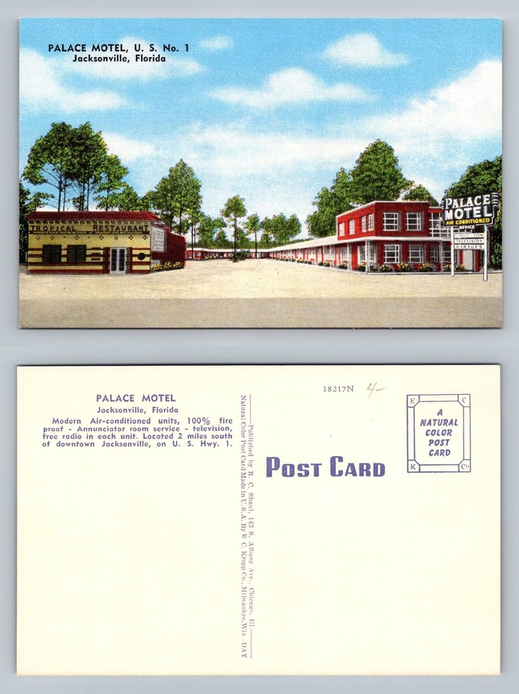 Jacksonville, Florida Palace Motel US Hwy 1 Tropical Restaurant Vintage Postcard