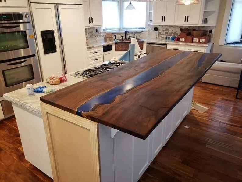 Custom Blue Epoxy Resin Sofa Table Handmade Artisan Furniture