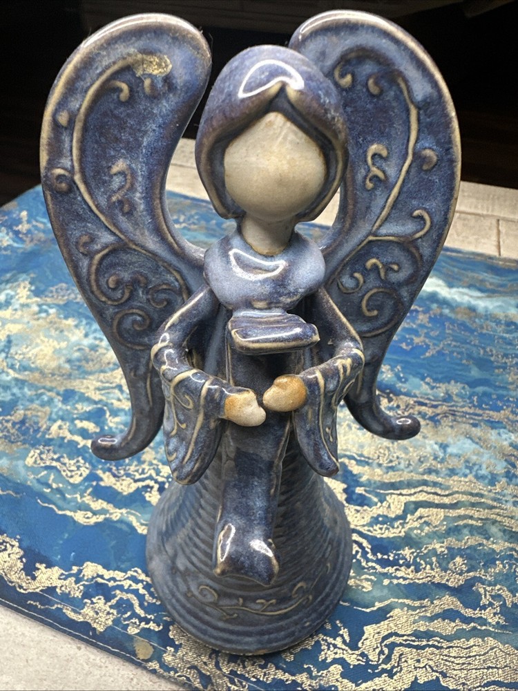 Abstract Blue Angel Art Pottery Statue with Hymn Book 6 Inches-image